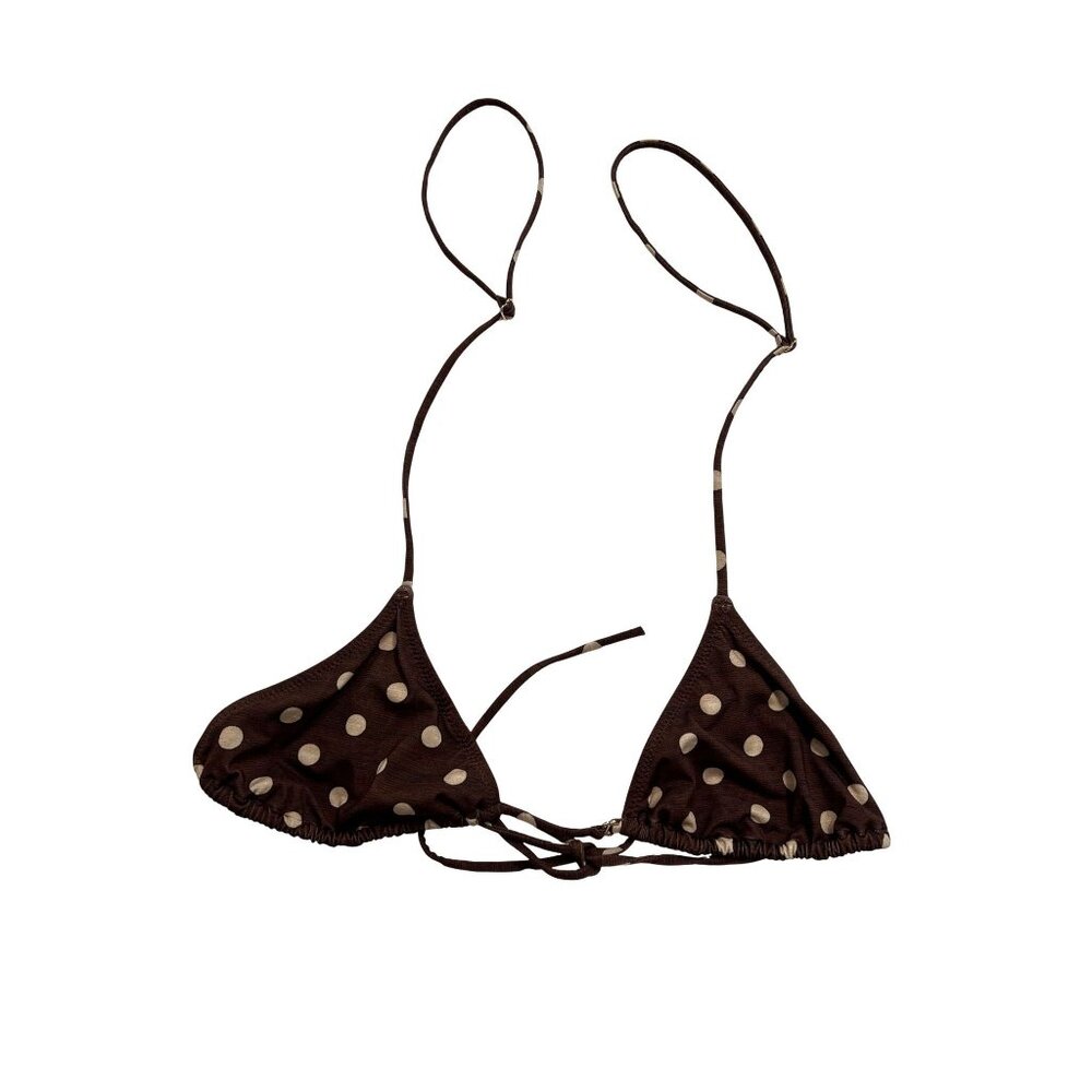 Heavy Manners Triangle Front Tie Bikini Top In Brown Cream Polka Dots - Picture 1 of 5